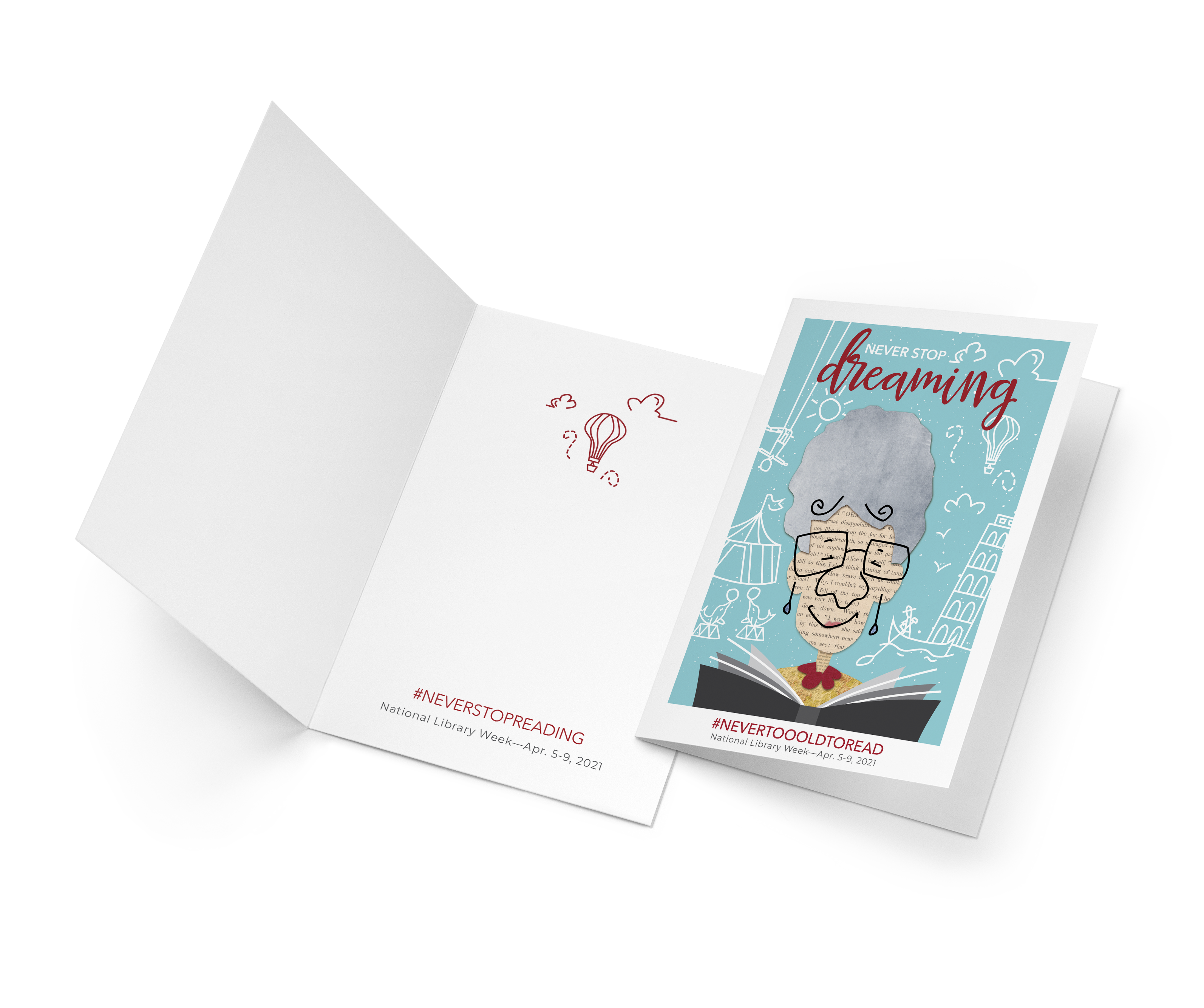 notecard with old woman reading a book